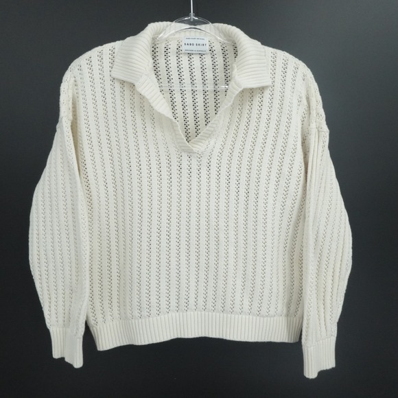 Sabo Skirt Sweaters - Sabo Skirt Sweater Womens Large Ivory Cream Open Knit Polo V Neck Coastal Preppy